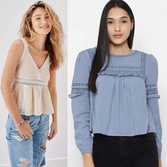 American Eagle Outfitters Tops - NWT American Eagle Neutral Lace Babydoll Tank - High Neck Blouse Bundle Size S